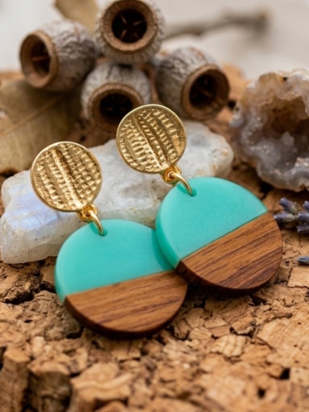 Turquoise Resin and Wood Drop Earrings Bohemian Naturecore Gold Tone Stud 2in